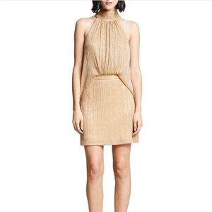 Halston. Gold Metallic Halter Style A-Line Dress. Size 12.